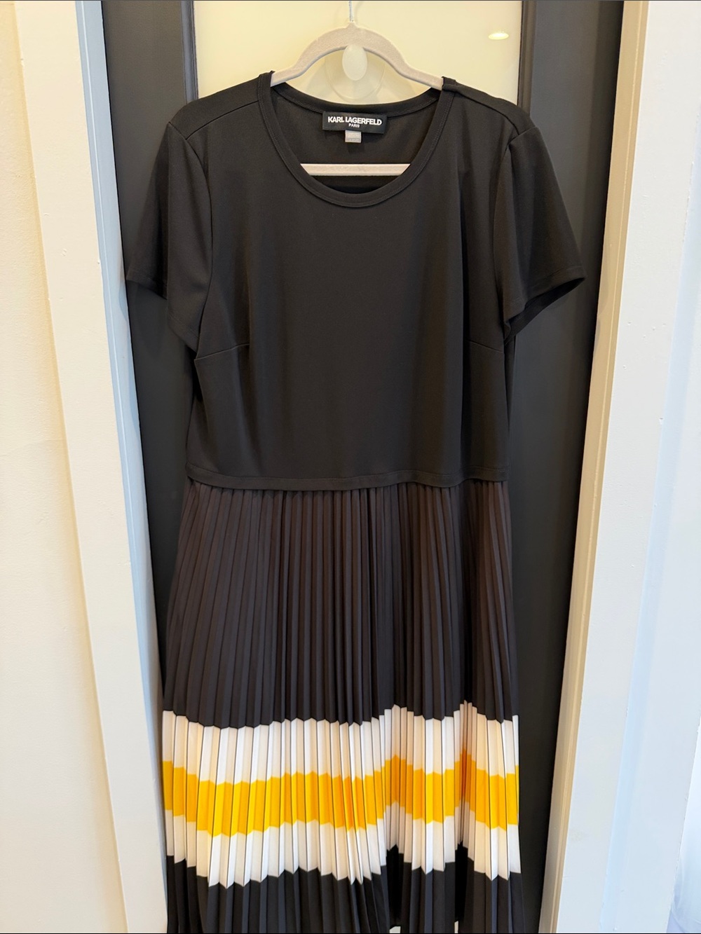 Karl Lagerfeld Black Pleated Midi Dress with White and Yellow Accent